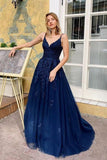 Elegant Blue V Neck Lace Long Prom Dresses Spaghetti Straps Evening STB20485