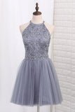 A Line Homecoming Dresses Halter Tulle Beaded Bodice