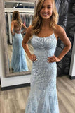 Mermaid Spaghetti Straps Light Blue Prom Dress with Appliques, Evening Dresses STB15266