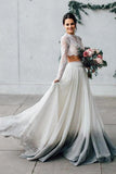Elegant Two Pieces Chiffon Long Sleeves Wedding Dress with Lace Appliques STB15209