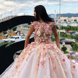Princess Ball Gown Pink Tulle Prom Dresses with Handmade Flowers, Quinceanera STB15658