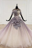 Sparkly Ball Gown Ombre Half Sleeves Jewel Long Prom Dresses, Beads Quinceanera Dresses STB15601