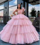 Charming Ball Gown Tulle Pink One Shoulder Long Prom Dresses, Quinceanera Dresses STB15096