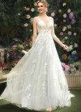 Esperanza Court Dress V-neck Wedding With Lace A-Line Train Wedding Dresses