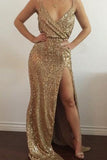 Gold Sequin Deep V-Neck Open-back Spaghetti Strap Side Slit Prom Dresses