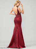 V-neck Lena Satin Beading Train Lace Prom Dresses With Trumpet/Mermaid Sequins Sweep