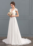 With V-neck Sweep Lace Wedding Dresses Train Chiffon Azul A-Line Dress Wedding Ruffle