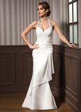 Sheath/Column Satin Dress Sequins Wedding Dresses Chiffon Ruffle Appliques With Floor-Length Lace Halter Larissa Beading Wedding