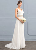 Ruffle With Ellie Sequins Wedding Dress V-neck Lace A-Line Chiffon Beading Sweep Train Wedding Dresses