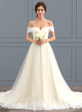 Ball-Gown/Princess Train Tulle Carlie Lace Wedding Court Wedding Dresses Off-the-Shoulder With Ruffle Dress