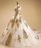 Elegant Gold Neck Tulle Strapless Sweetheart Lace Ball Gown Prom Dress Quinceanera Dress