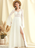 Chiffon Wedding Wedding Dresses V-neck Maci A-Line Lace Sweep With Split Dress Front Train