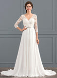 Lace Dress Beading Wedding Dresses Yesenia A-Line Train Wedding Chiffon Sweep Sequins With V-neck