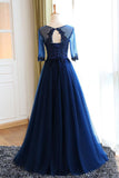 Navy Blue A Line Floor Length Half Sleeve Keyhole Back Appliques Long Prom Dresses