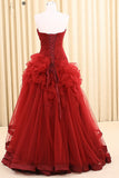 Red A Line Floor Length Sweetheart Strapless Sleeveless Mid Back Ruffles Prom Dresses