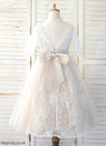3/4 Scoop Sleeves Tea-length Tulle/Lace Bow(s) Dress Neck Nancy Girl A-Line With - Flower Flower Girl Dresses