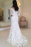 Sheath Brush Train Off Shoulder Half Sleeve Lace Wedding Dresses