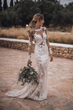 Mermaid Lace Appliques Long Sleeve See-Though Tulle Wedding Dresses Beach Wedding STBPBSR61G8