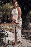 Charming Sheath Lace Bridal Gown with Slit Open Back Ivory Boho Wedding Dresses STB15124