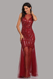 See Through Burgundy Mermaid Bateau Prom Dresses with Beading Tulle Party Dresses STB15324