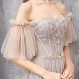 Elegant Off Shoulder Floor Length Tulle Prom Dress, Lace up Bridesmaid Dresses STB15185