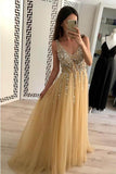 Champagne Tulle Beading A-Line V-Neck Prom Dresses WIth Sweep