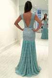 New Arrival V Neck Lace Mermaid Prom Dresses Sweep