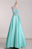 New Arrival A Line Prom Dresses Satin With Beads Floor Length