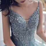 Spaghetti Straps Blue Gray Tulle V Neck Long Ruffles Prom Dresses with Lace Applique STB15411