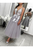 A Line V Neck Backless Tea Length Homecoming Dreses Tulle