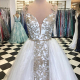Sheath Spaghetti Straps White Detachable Train Prom Dress with Appliques, Quinceanera Dresses STB15373