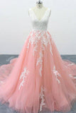 A-Line V Neck Tulle Lace Appliques Cathedral Train Formal Prom