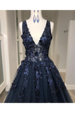 Black Deep V Neck Appliqued Prom Dresses See Through Floor Length Formal