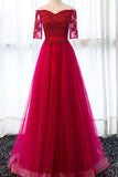 Elegant Half Sleeve Tulle Appliques Sweetheart Red A-Line Floor-Length Prom Dresses