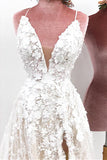 Unique Spaghetti Straps Lace Appliques V Neck Wedding Dresses, Long Wedding Gowns STB15466