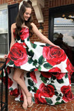 A Line Strapless High Low Red Rose Floral Satin Prom Dresses, Long Evening Dress STB15556