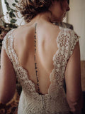 Vintage Lace Appliques Ivory V Neck Cap Sleeves Mermaid Wedding Dresses, Wedding Gowns STB15542