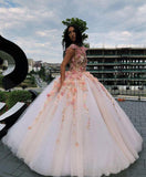 Princess Ball Gown Pink Tulle Prom Dresses with Handmade Flowers, Quinceanera STB15658