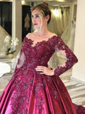 Ball Gown Long Sleeves Burgundy Satin Beads Prom Dresses with Appliques, Quinceanera Dress STB15498