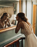 Elegant A Line Tulle Ivory V Neck Wedding Dresses With Pearls, V Back Beach Bridal Dresses STB15153