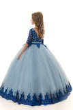 Scoop Ball Gown Mid-Length Sleeves Tulle With Applique Flower