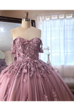 Ball Gown Off The Shoulder Tulle Quinceanera Dress With Lace Appliques Puffy Prom STBP3HM7KB3