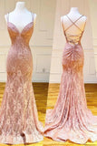 Mermaid Spaghetti Straps Pink Lace V Neck Beads Prom Dresses with STB20426