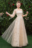 Floor Length Long Sleeve Tulle Evening Dress With Appliques,