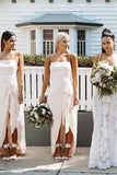 A Line Chiffon Spaghetti Straps Blush Pink Bridesmaid Dresses with Split, Long Prom Dress STB15486