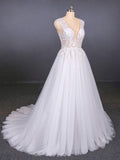 A Line Straps V Neck Lace Appliques Tulle Wedding Dresses Long Wedding Gowns STB15034