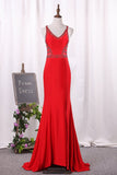 Mermaid V Neck Spandex With Beads And Slit Sweep Train Prom