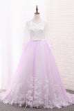 A Line Long Sleeves Tulle Scoop Flower Girl Dresses With Applique And