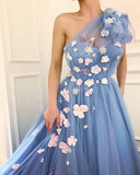 Charming One Shoulder Blue Tulle 3D Flowers Prom Dresses, Long Cheap Dance Dresses STB15119