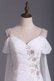 A Line Straps With Beads And Ruffles Wedding Dresses Chiffon Court Train Detachable
